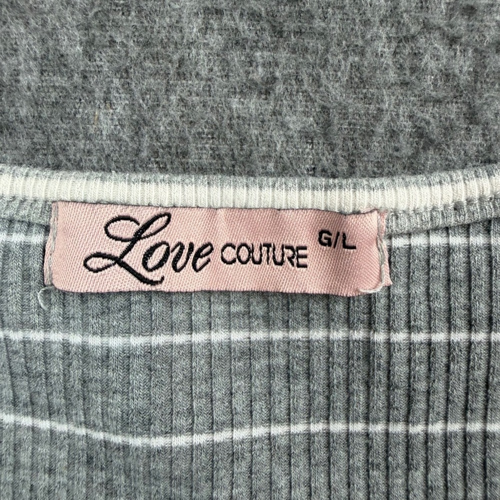Love Couture Cinch Front Top Women's L Gray Striped Knit Short‎ Sleeve V-Neck